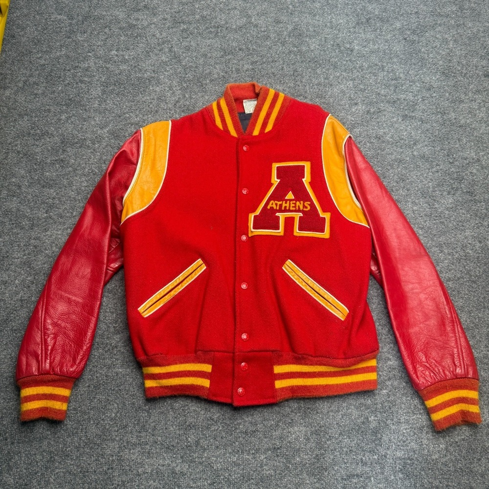 Rare 1970's Vintage Kaye Bros Athens Varsity Jacket Mens Small Wool/Leather